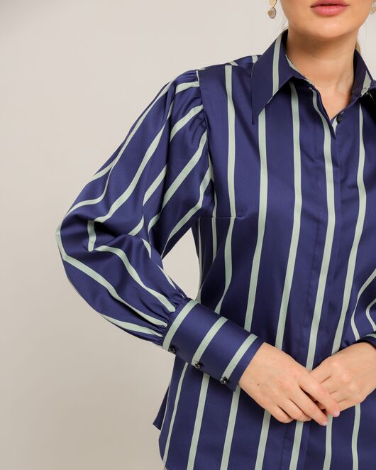 Женская рубашка из хлопка синяя в крупную полоску - 8738 от byME 