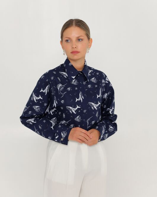 Женская рубашка из хлопка с принтом морские обитатели-8763 от  