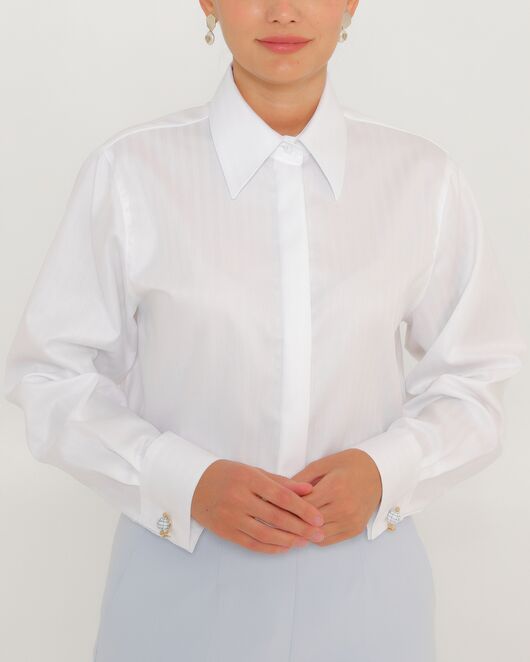 Женская рубашка белая из хлопка с универсальным манжетом-8765 от byME  Женская рубашка белая из хлопка с универсальным манжетом-8765 от byME