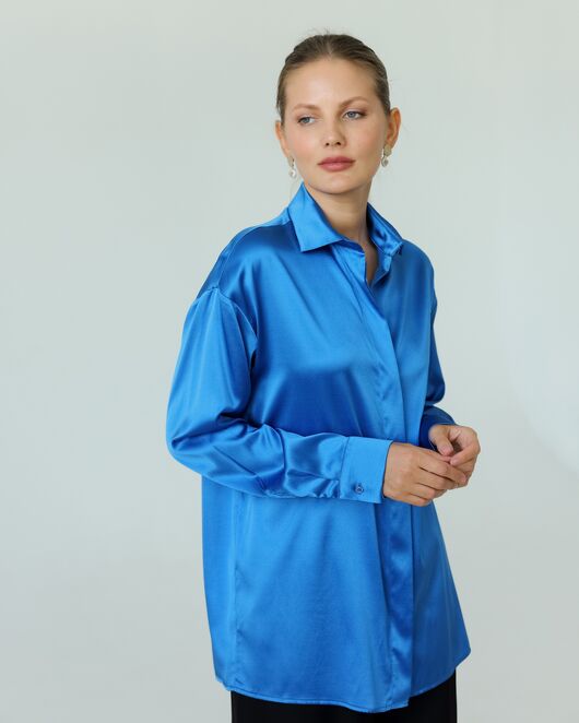 Женская рубашка из шелка синяя-8771 от  