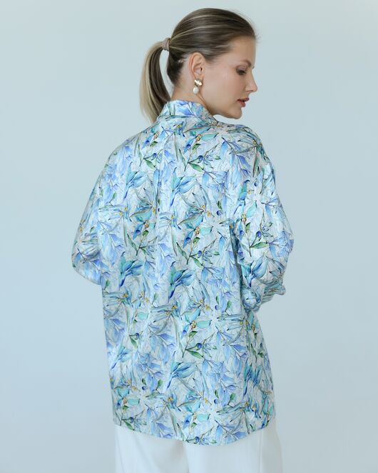 Женская рубашка из шелка с принтом цветы в сиреневых оттенках-8775 от byME 