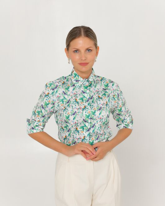 Женская рубашка из хлопка с рукавом 3/4 с отделкой птички в цветах-8788 от byME 