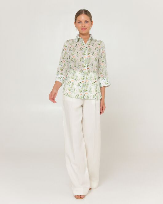 Женская рубашка из крапивы с рукавом 3/4 с принтом летний луг-8789 от byME  Женская рубашка из крапивы с рукавом 3/4 с принтом летний луг-8789 от byME