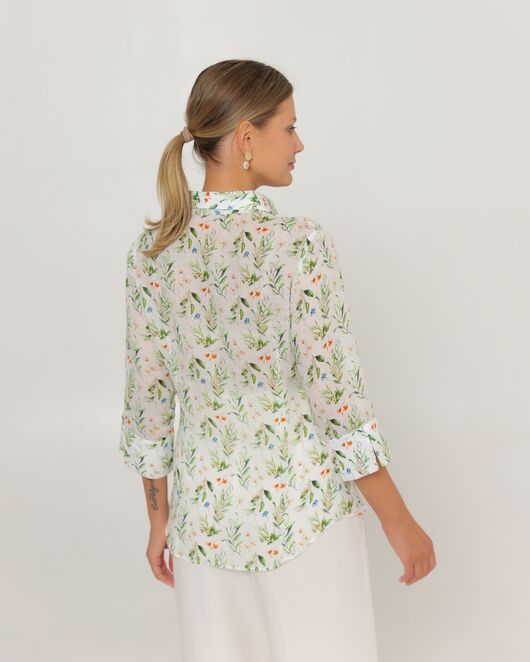 Женская рубашка из крапивы с рукавом 3/4 с принтом летний луг-8789 от byME  Женская рубашка из крапивы с рукавом 3/4 с принтом летний луг-8789 от byME