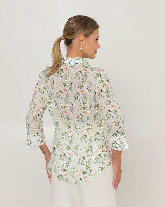 Женская рубашка из крапивы с рукавом 3/4 с принтом летний луг-8789 от byME  Женская рубашка из крапивы с рукавом 3/4 с принтом летний луг-8789 от byME