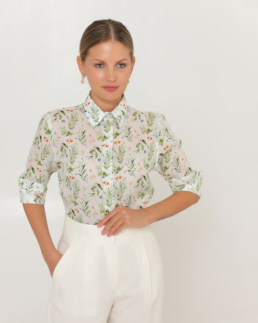 Женская рубашка из крапивы с рукавом 3/4 с принтом летний луг-8789 от byME  Женская рубашка из крапивы с рукавом 3/4 с принтом летний луг-8789 от byME
