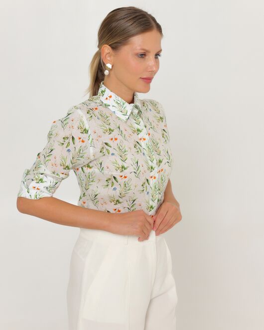 Женская рубашка из крапивы с рукавом 3/4 с принтом летний луг-8789 от byME  Женская рубашка из крапивы с рукавом 3/4 с принтом летний луг-8789 от byME