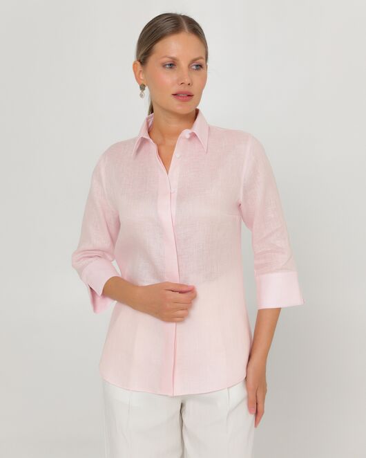 Женская рубашка из льна рукав 3/4 розовая-8792 от byME  Женская рубашка из льна рукав 3/4 розовая-8792 от byME