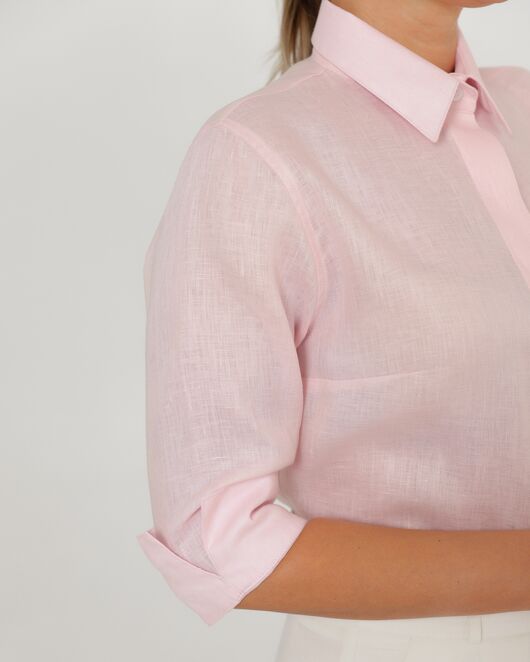 Женская рубашка из льна рукав 3/4 розовая-8792 от byME  Женская рубашка из льна рукав 3/4 розовая-8792 от byME