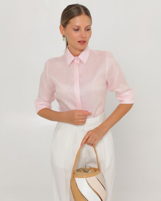 Женская рубашка из льна рукав 3/4 розовая-8792 от byME  Женская рубашка из льна рукав 3/4 розовая-8792 от byME