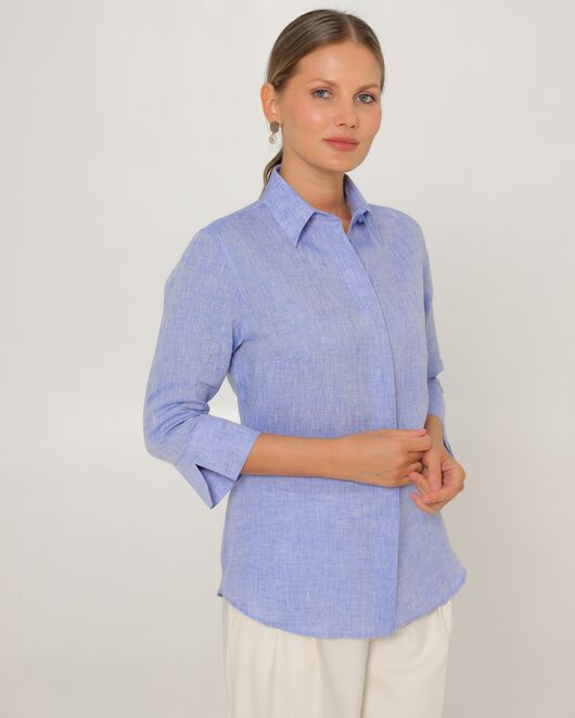 Женская рубашка из льна рукав 3/4 синяя-8793 от ByME 