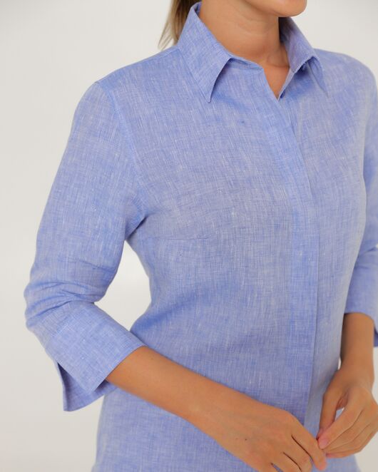 Женская рубашка из льна рукав 3/4 синяя-8793 от ByME 