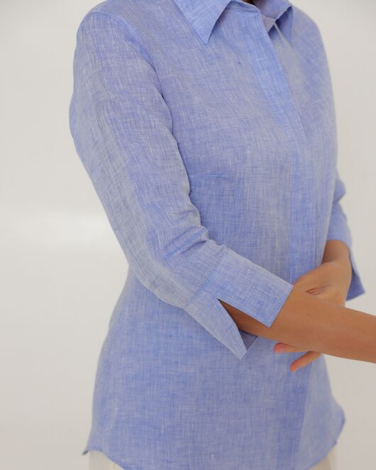 Женская рубашка из льна рукав 3/4 синяя-8793 от ByME 