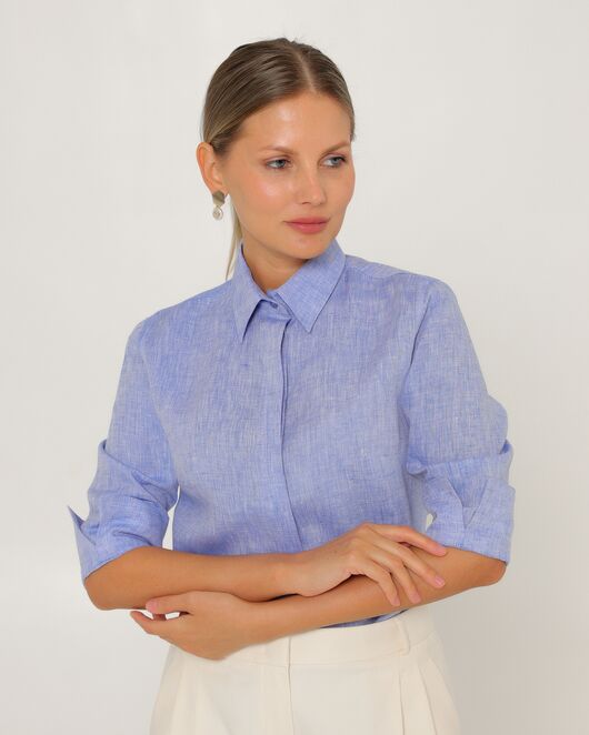 Женская рубашка из льна рукав 3/4 синяя-8793 от ByME 