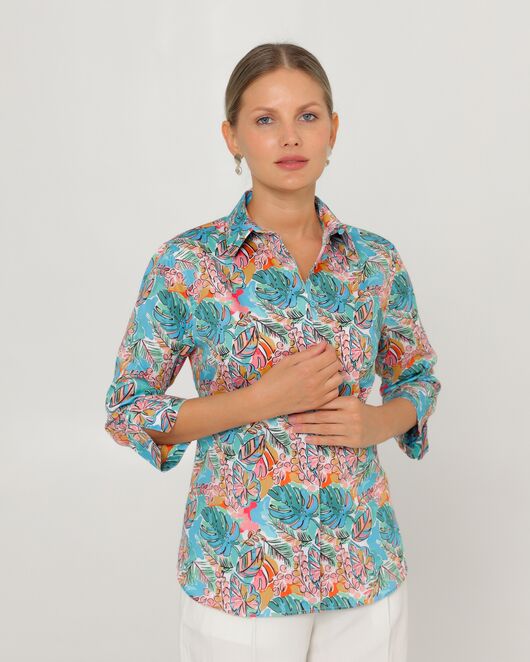 Женская рубашка из хлопка рукав 3/4 с тропическим принтом-8794 от byME 