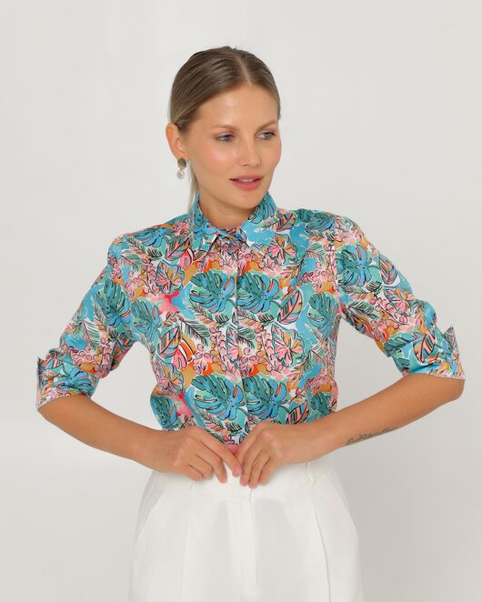 Женская рубашка из хлопка рукав 3/4 с тропическим принтом-8794 от byME 