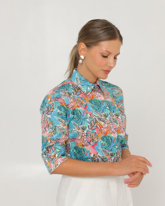 Женская рубашка из хлопка рукав 3/4 с тропическим принтом-8794 от byME 