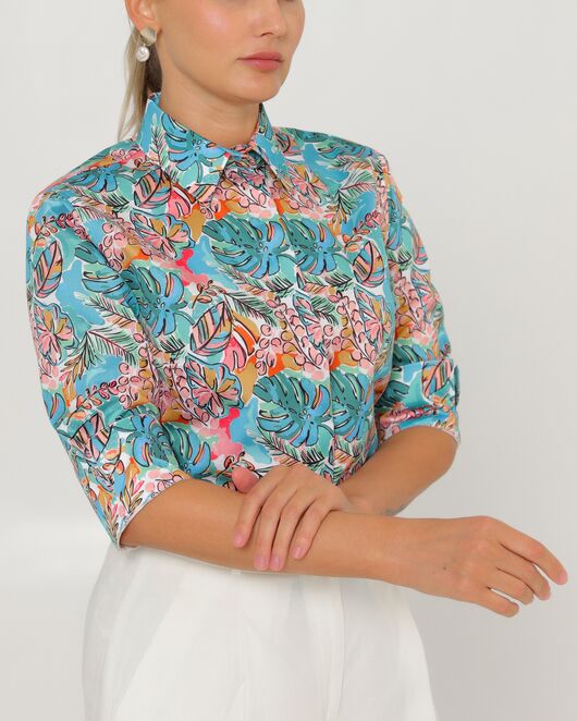 Женская рубашка из хлопка рукав 3/4 с тропическим принтом-8794 от byME 