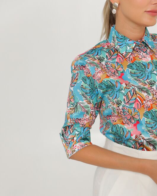 Женская рубашка из хлопка рукав 3/4 с тропическим принтом-8794 от byME 
