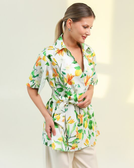 Женская рубашка на запах из хлопка принт лимоны-8797 от byME 