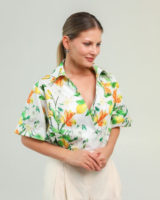 Женская рубашка на запах из хлопка принт лимоны-8797 от byME 