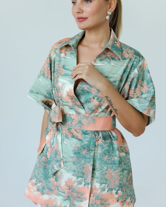 Женская рубашка на запах из хлопка с принтом природа-8798 от  