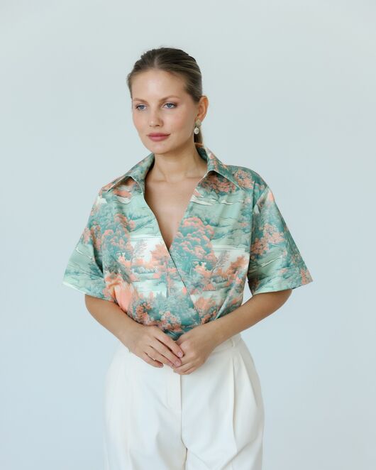 Женская рубашка на запах из хлопка с принтом природа-8798 от  