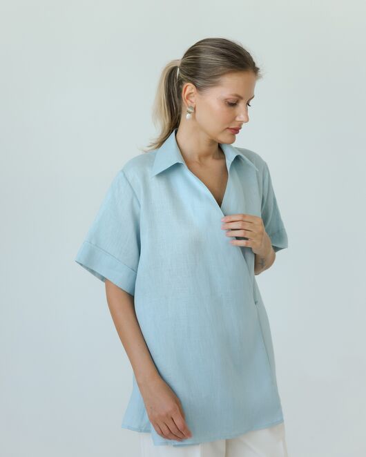 Женска рубашка на запах из льна мятная-8799 от byME 