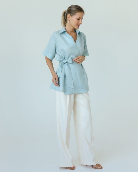 Женска рубашка на запах из льна мятная-8799 от byME 