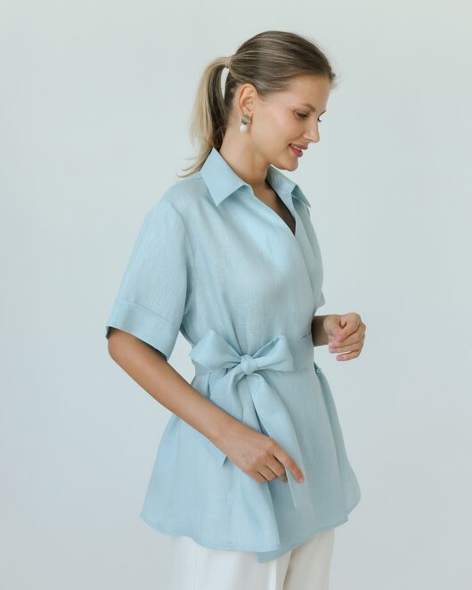 Женска рубашка на запах из льна мятная-8799 от byME 