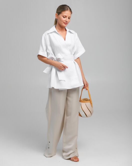 Женская рубашка на запах из льна белая-8800 от byME 