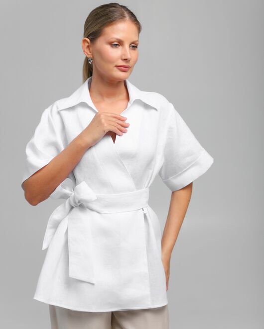 Женская рубашка на запах из льна белая-8800 от byME 