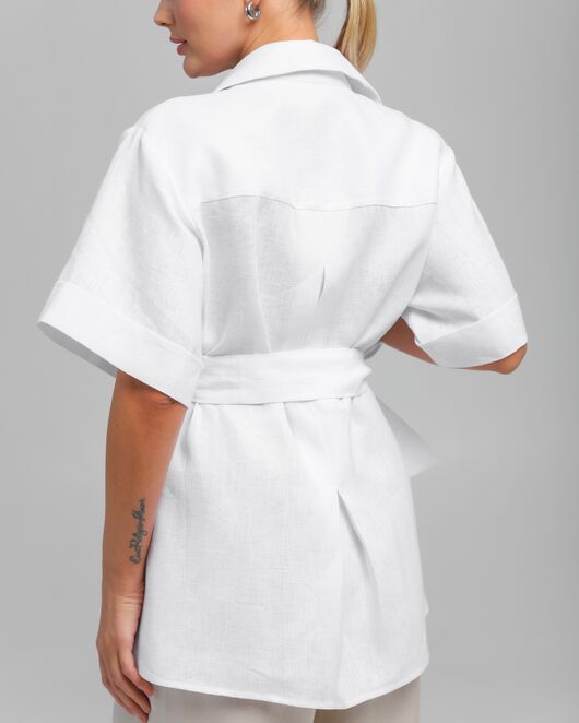 Женская рубашка на запах из льна белая-8800 от byME 
