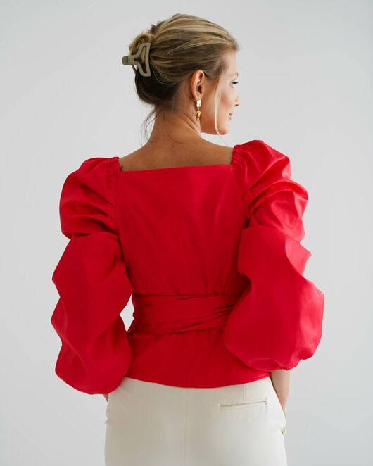 Женская рубашка на запах красная  из хлопка сатинового плетения  8815 от byME 