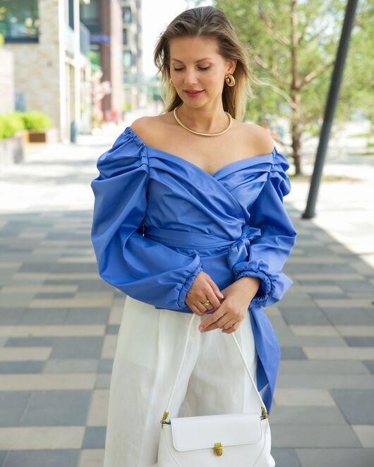 Женская рубашка на запах   из хлопка  васильковая   8816 от byME  Женская рубашка на запах   из хлопка  васильковая   8816 от byME