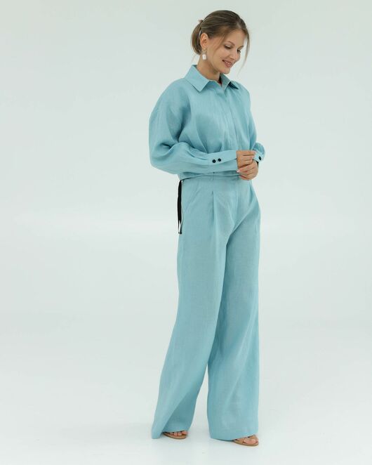 Женская укороченная рубашка голубая изо льна-105052 от  