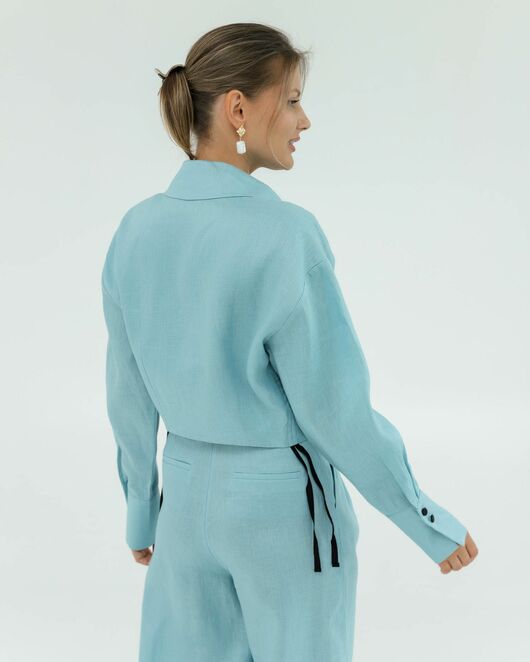 Женская укороченная рубашка голубая изо льна-105052 от  