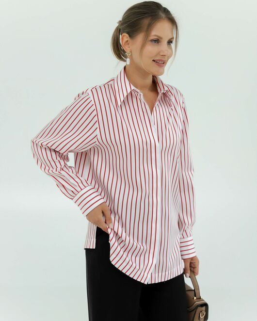 Женская рубашка с универсальным манжетом белая в красную полоску - 8422 от byME  Женская рубашка с универсальным манжетом белая в красную полоску - 8422 от byME