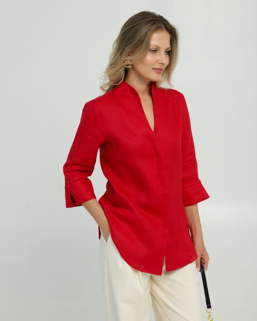 Женская рубашка воротник стойка удлиненная рукав 3/4 изо льна 8831 от  