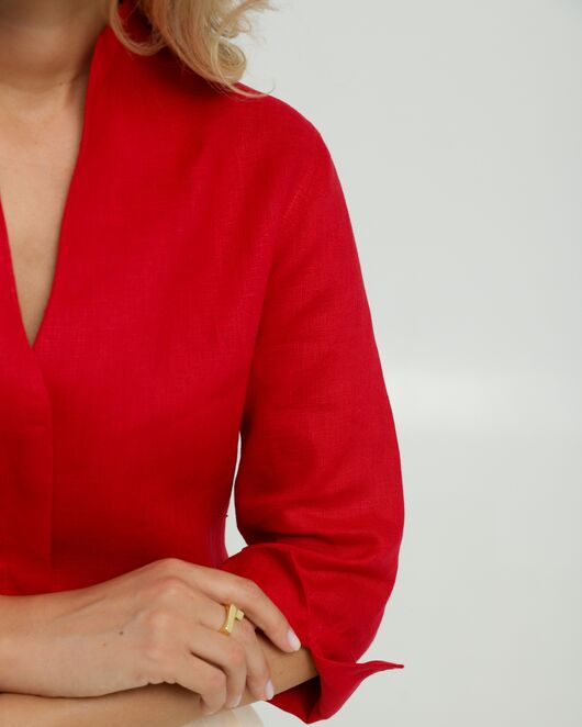 Женская рубашка воротник стойка удлиненная рукав 3/4 изо льна 8831 от  