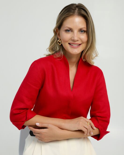 Женская рубашка воротник стойка удлиненная рукав 3/4 изо льна 8831 от  