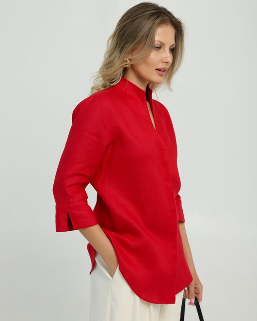 Женская рубашка воротник стойка удлиненная рукав 3/4 изо льна 8831 от  