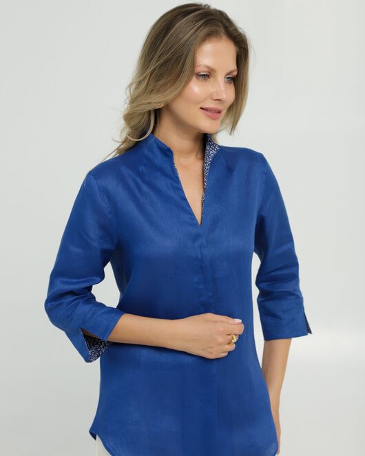 Женская рубашка воротник стойка удлиненная изо льна с отделкой рукав 3/4 - 8834 от byME 