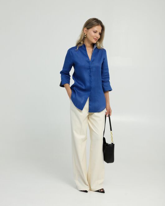 Женская рубашка воротник стойка удлиненная изо льна с отделкой рукав 3/4 - 8834 от byME 