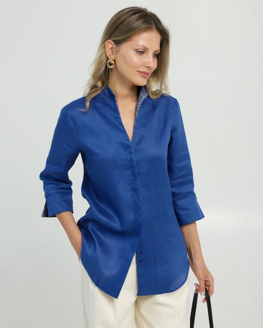 Женская рубашка воротник стойка удлиненная изо льна с отделкой рукав 3/4 - 8834 от byME 