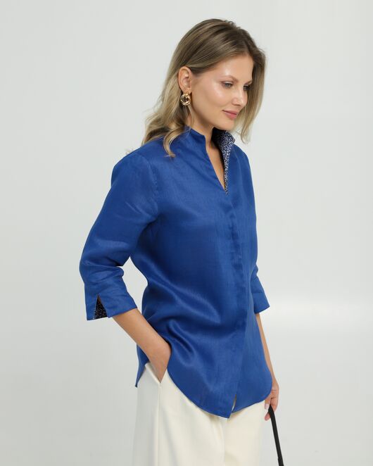 Женская рубашка воротник стойка удлиненная изо льна с отделкой рукав 3/4 - 8834 от byME 