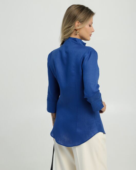 Женская рубашка воротник стойка удлиненная изо льна с отделкой рукав 3/4 - 8834 от byME 