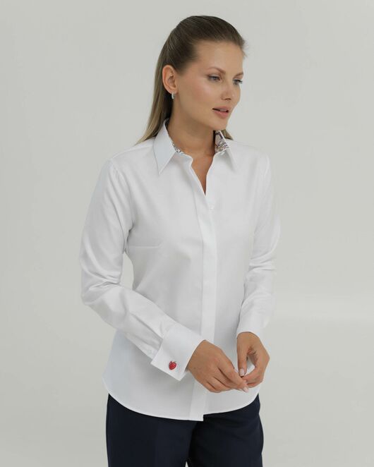 Женская рубашка из хлопка под запонки белая с отделкой  деревья 8839 от byME 