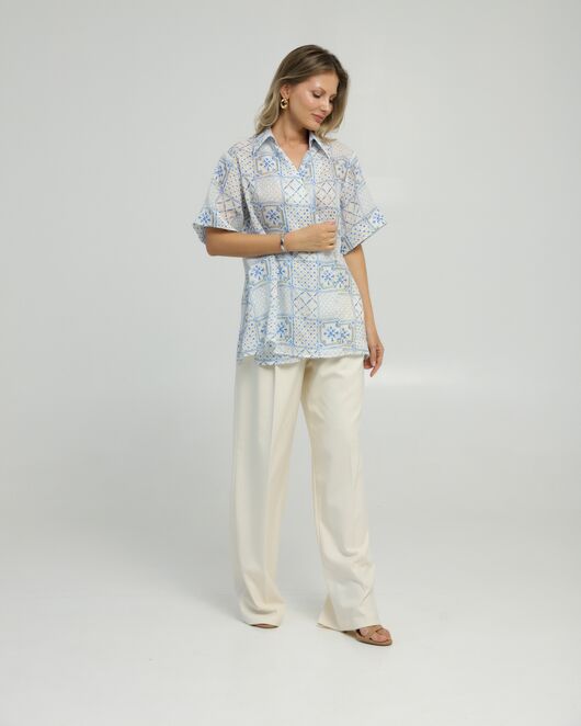 Женская рубашка на запах из крапивы принт испанская плитка 8847 от byME 