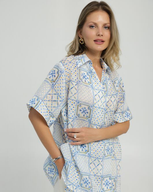 Женская рубашка на запах из крапивы принт испанская плитка 8847 от byME 